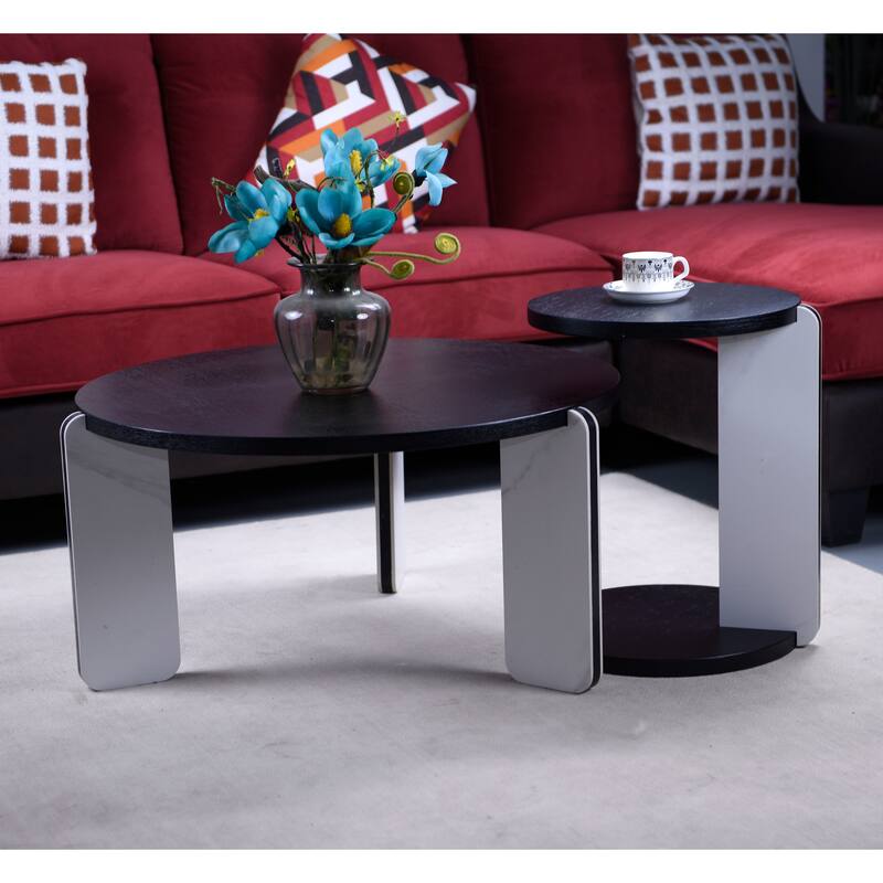 Round Nesting Coffee Table Set of 2, Sintered Stone Top Nesting Tables with Metal Frame, Modern Accent Side Table Set