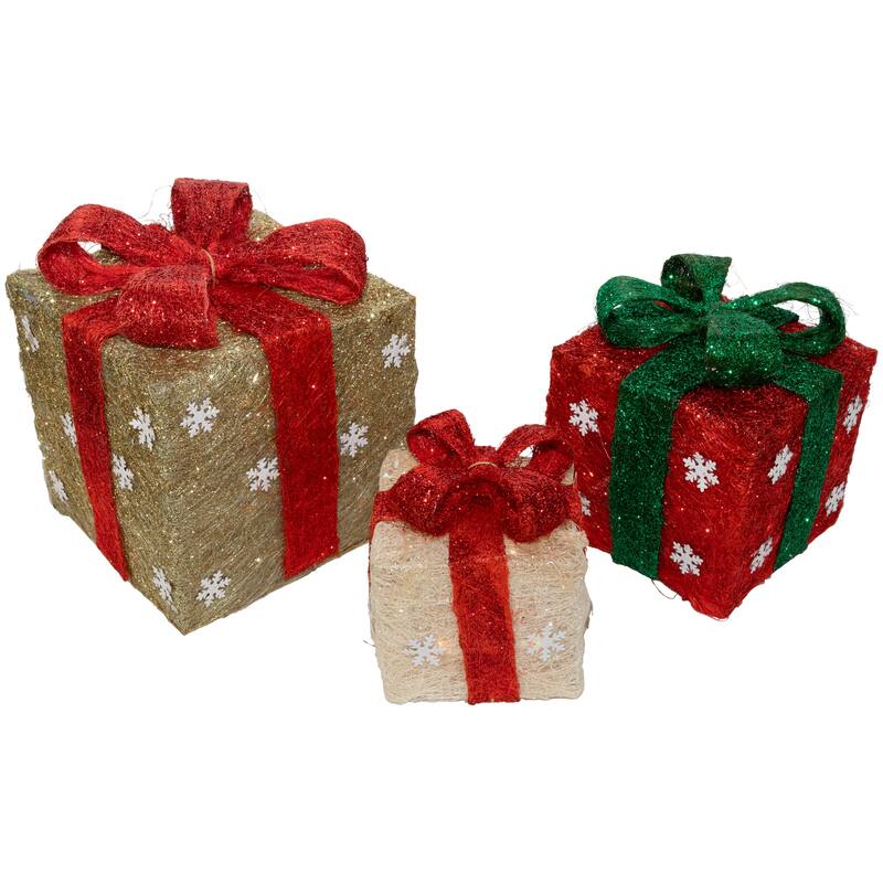 3 Lighted Red Cream Gift Boxes Christmas Outdoor Decorations 10" - Gold
