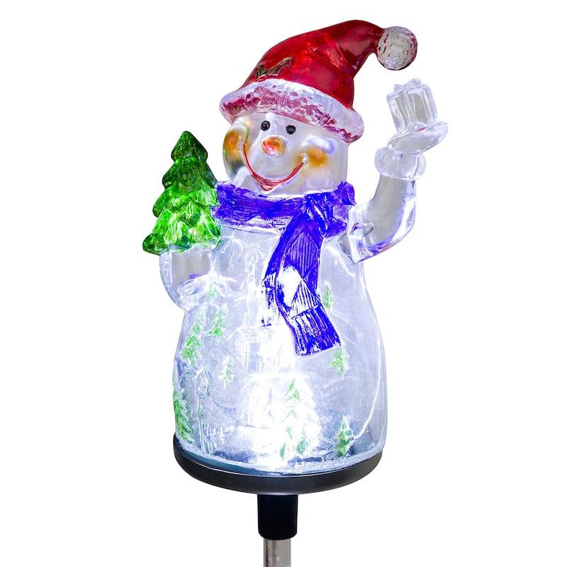 Alpine Corporation 34"H Outdoor Solar Christmas Snowman Fiber Optic Lawn Stakes with LED Lights (Set of 2) - Multi