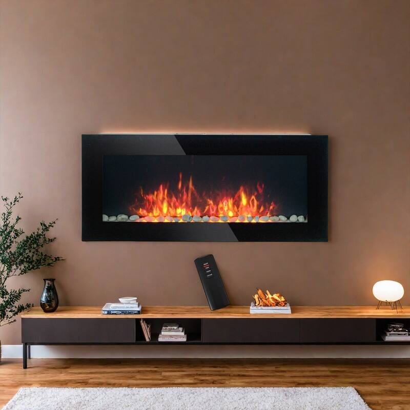 41.3/50/60 in. Wall Mount Recessed Electric Fireplaces in Black, Tempered Glass, Flame Effect, Multi-Color, Remote,1400-1500W