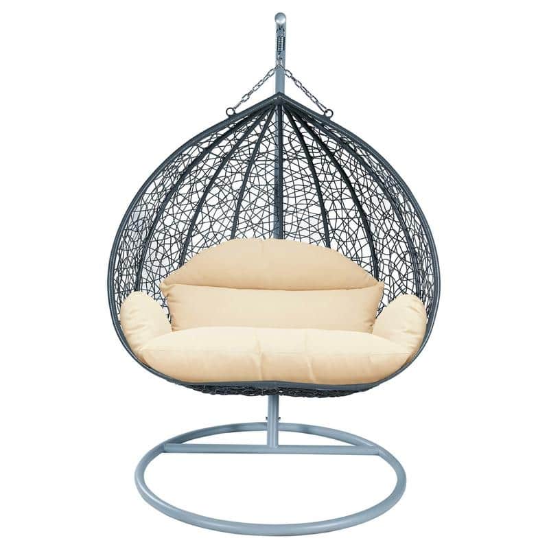 2-Person Egg Swing Chair with Grey Stainless Steel Frame, Cushioned 2-Seater Porch Swing for Outdoor and Indoor Use