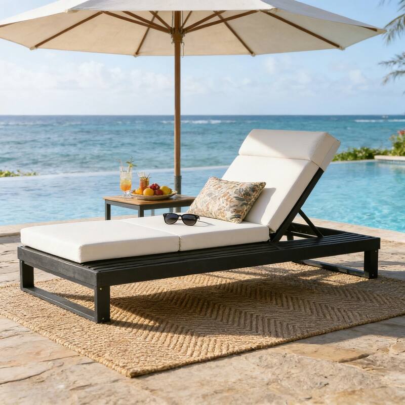Christopher Knight Home - Modern Outdoor Acacia Wood Chaise Lounge with 4-Position Adjustable Backrest & 4-Fold Cushion