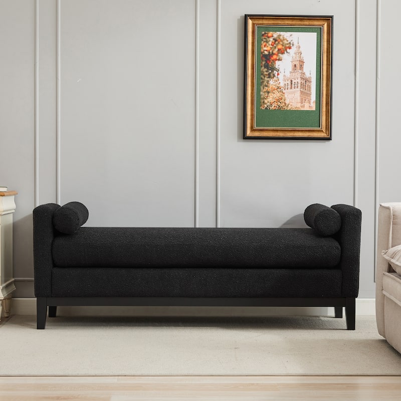 66.34"W Elegant Upholstered Bench,Daybed, Ottoman with Wood Legs & 2 Bolster Pillows for End of Bed, Bedroom, Living Room