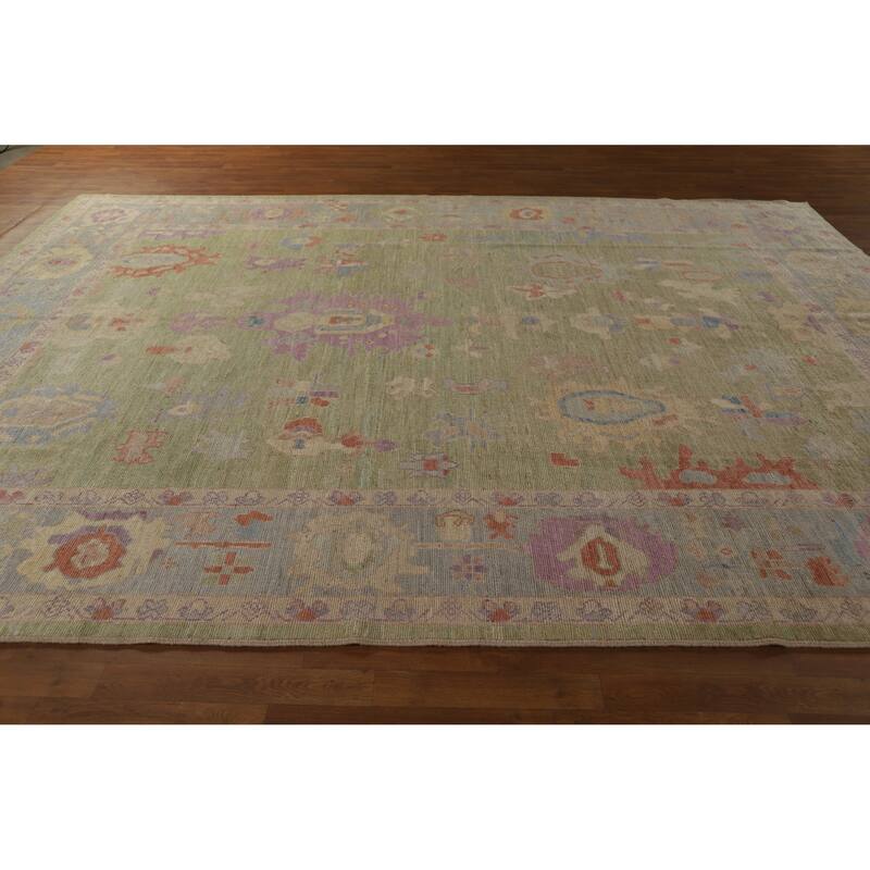 Hand Knotted Oriental 100% Wool Carpet Transitional All-Over Green Oushak Area Rug - 12' 5'' X 9' 3''