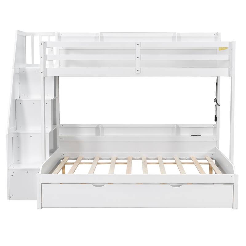 Twin Over Full Size Bunk Bed with Built-in 3-in-1 Storage Shelves and Charging Station, Pull-out Trundle, Storage Staircase