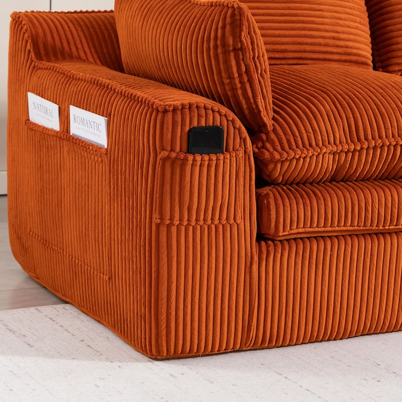 L Shaped Sectional Sofa Corduroy Upholstered Boneless Couches with Movable Footstool, With Three Pillows and Two Lumbar Pillows