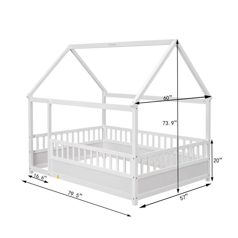 Full Size Floor Wooden Bed with House Roof Frame, Fence Guardrails