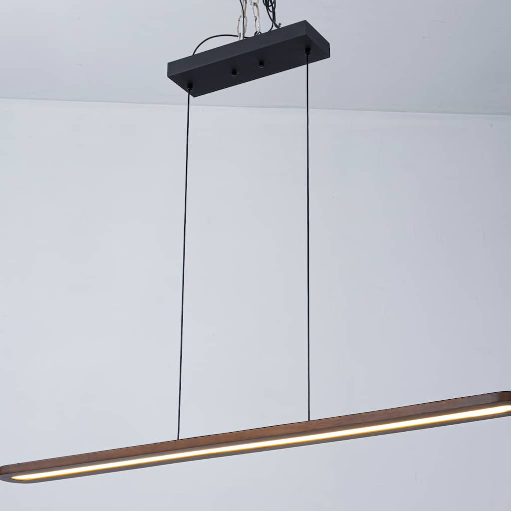 47.2 in. 1-Light Modern Farmhouse Walnut Wood Linear Dimmable Integrated LED Hanging Island Light for Dining Room