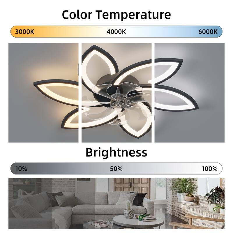 Indoor Flush Mount Ceiling Fan with Flower Shaped LED Light and Remote Control, Reversible Inverter Silent Copper Core Motor