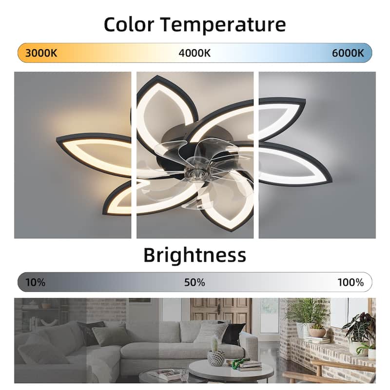 Remote Control Flower Ceiling Fan with LED Light & Reversible DC Motor, Flush Mount Ceiling Fan with Dimmable Color Light