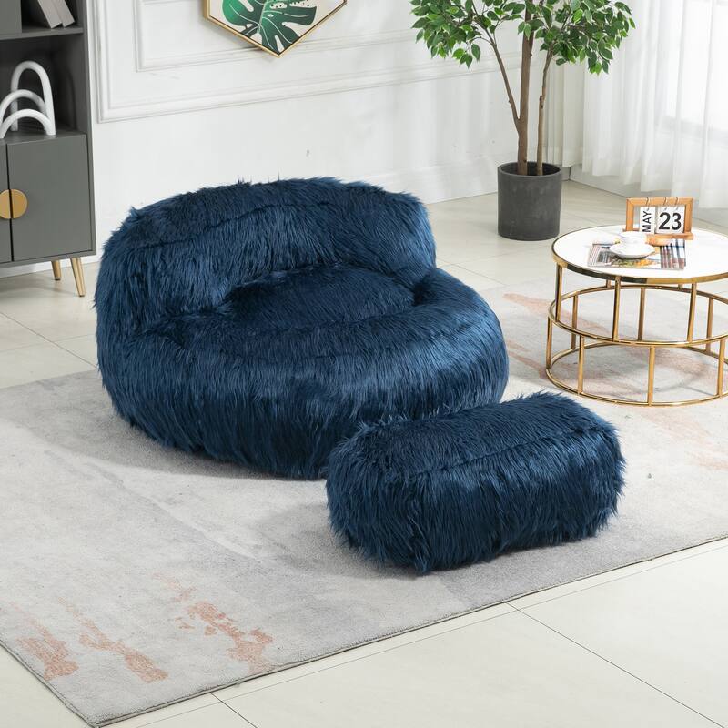 Plush Upholstered Round Comfort Lounger Bean Bag Chair with Ottoman