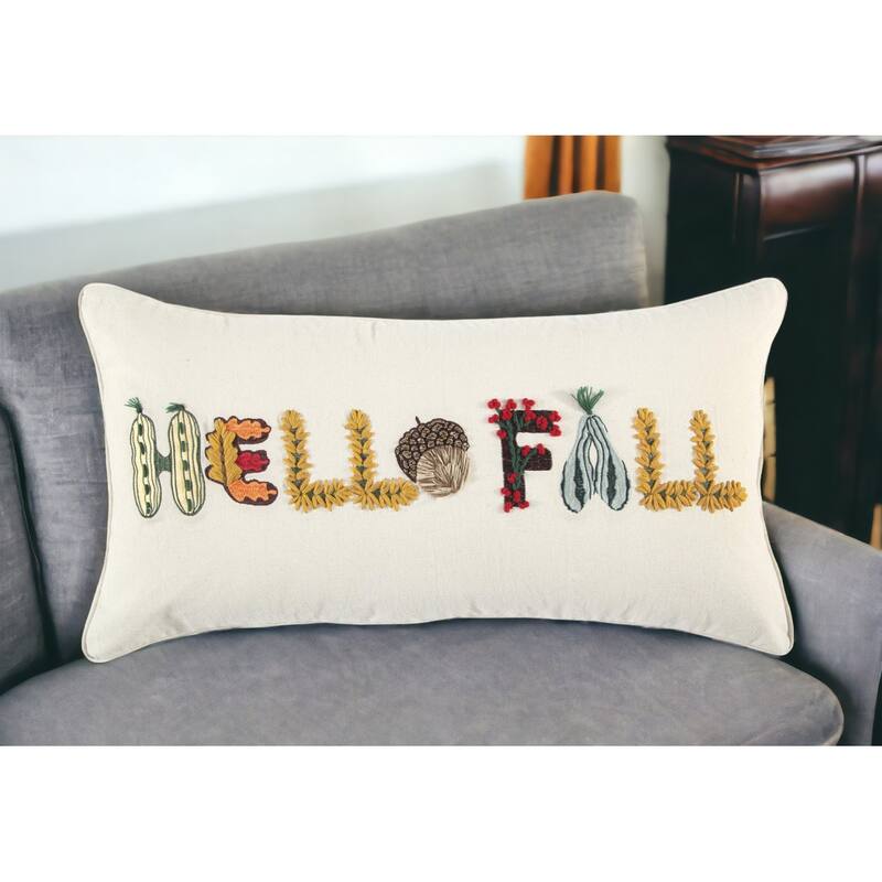 HomeRoots 14" X 14" Yellow and White Thanksgiving Cotton Pillow With Embroidery Edges - Accent - Polyester