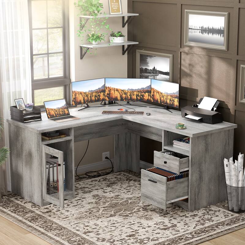 Modern Farmhouse L-Shape Desk with File Cabinet and Drawers, Homer Office Executive Desk with Charge Station