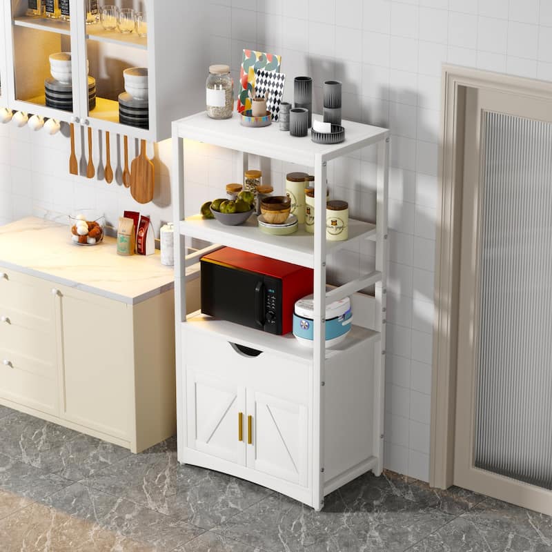 VECELO White Multifunctional Kitchen Storage Cabinet with Microwave Stand Drawer Charging Ports Freestanding Cabinet for Kitchen