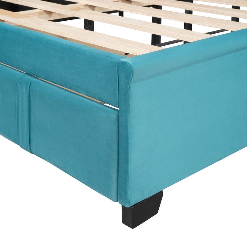 Velvet Upholstered Bed Platform Bed Frame Queen Size Wingback Bed with Tufted Headboard and Large Storage Drawer