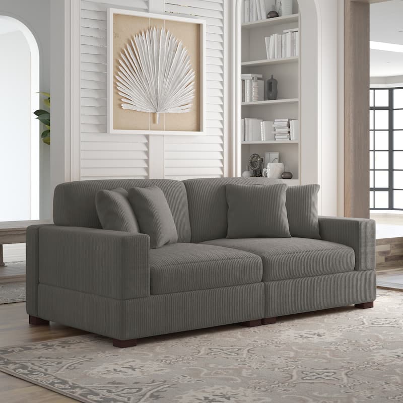 Corduroy Couch Modular Sectional Sofa with Pillows - 2 Piece - Light Grey
