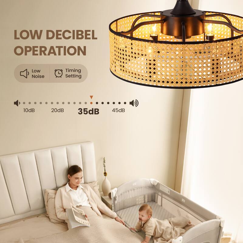19" Rattan Caged Ceiling Fan With Lights And Remote, 6-Light Boho Woven Round Chandelier Ceiling Fan With Light - 19''-6 Lights