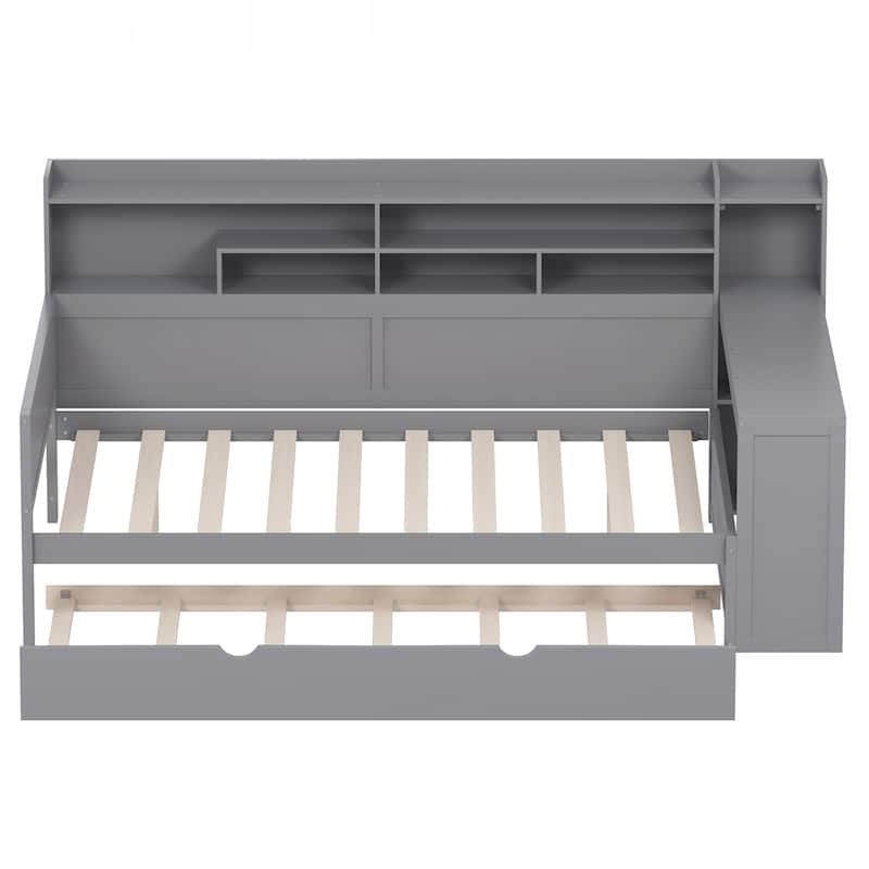 Wooden Full Size Daybed with Storage Shelves, Multi-functional Bed with Twin Size Trundle Bed