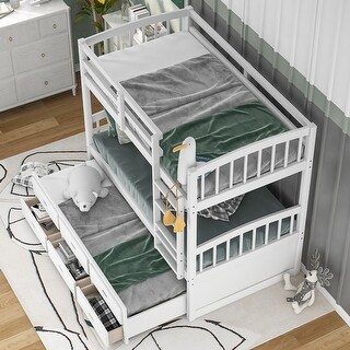 White Twin over Twin Wood Bunk Bed with Trundle and Drawers - Bed Bath ...
