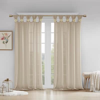 Floral Embellished Cuff Tab Top Solid Curtain Panel