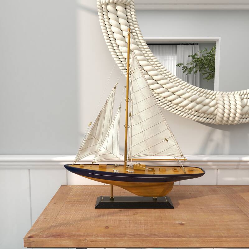 Brown Wood Sail Boat Decorative Sculpture with Beige and Navy Accents and Lifelike Rigging
