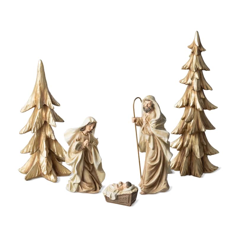 Glitzhome S/5 24.5"H/14"H White/Gold Resin Holy Family Nativity with Christmas Trees - Gold - 14"H