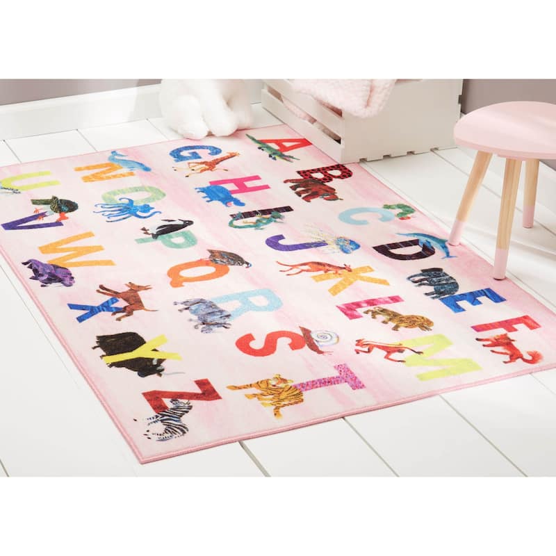 Eric Carle Elementary Pink Alphabet Machine Washable Kids Area Rug