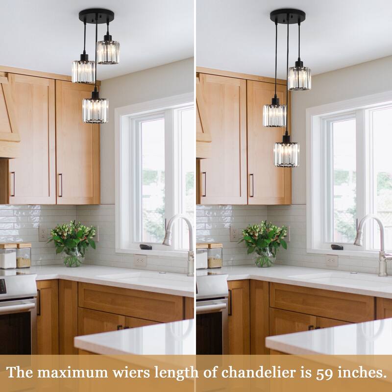 3-Light Modern Metal Hanging Pendant Light Ceiling Light Chandelier with Crystal Cover for Kitchen Island
