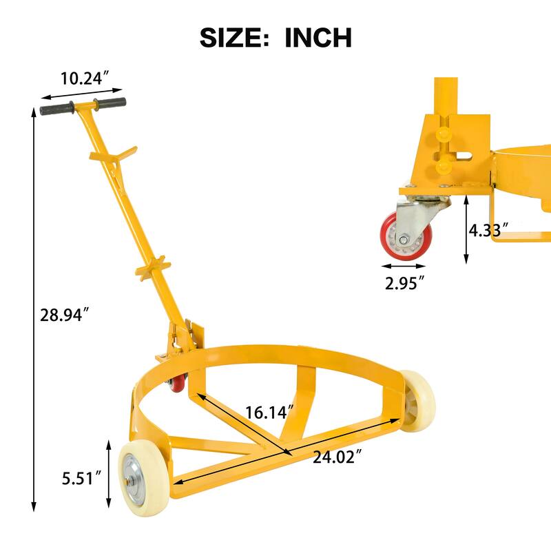 55 Gallon Drum Dolly, 1200lbs capacity, with 2 fixed PU Wheels and 1 swivel wheel