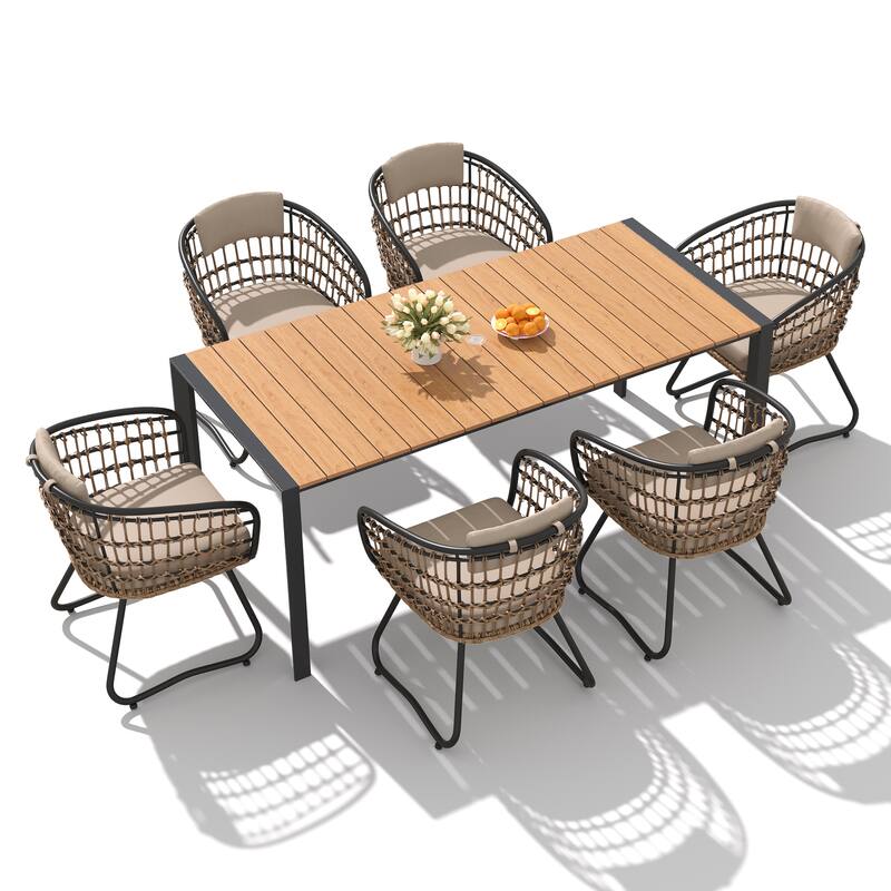 7/9-Piece Outdoor Premium Aluminum Dining Table with Umbrella Hole and PE Rattan Chairs - Brown Table - Set of 7