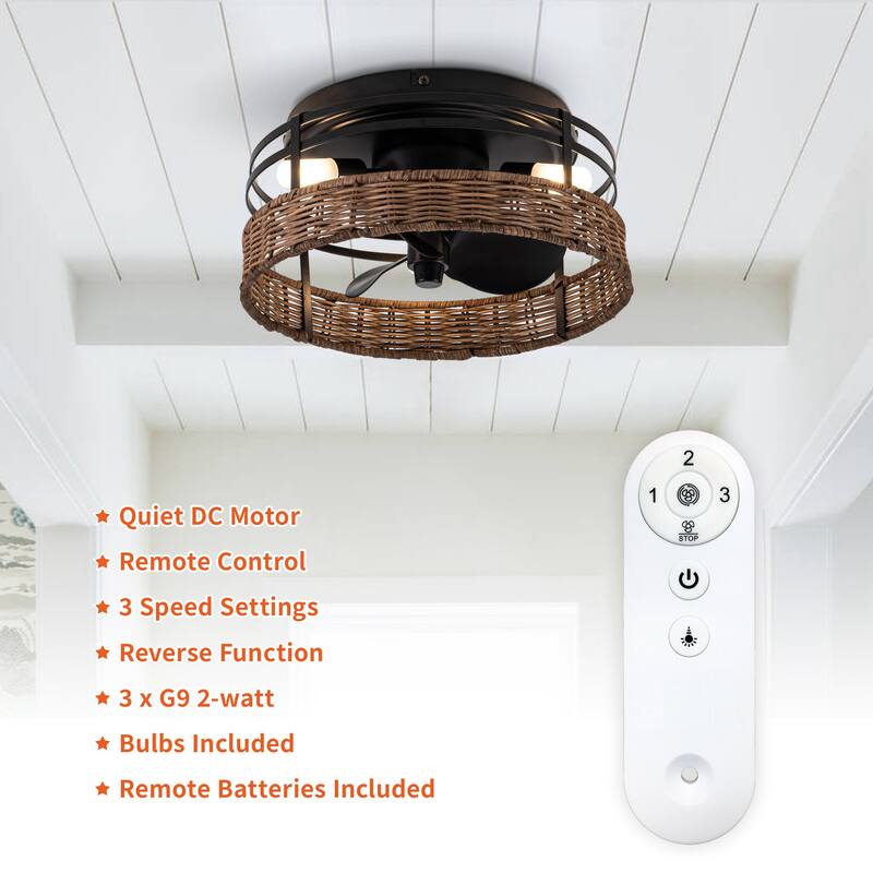 Farmhouse Black 3-Blade Drum Flush Mount Ceiling Fan with Remote and Light - 12.5-in W