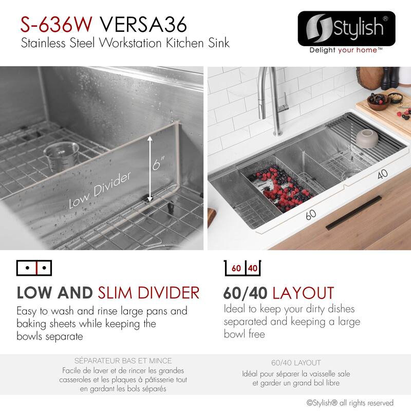 Stylish Versa36 Undermount 36" Double-Bowl Workstation Kitchen Sink - 36"x19"x10"