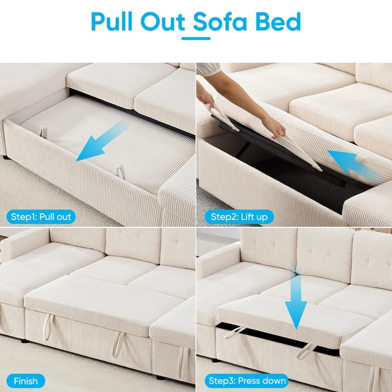W103" Corduroy 4-Seater Modular Sleeper Sofa Bed with Storage Chaise,U-shaped Sofa with Pull-out Bed