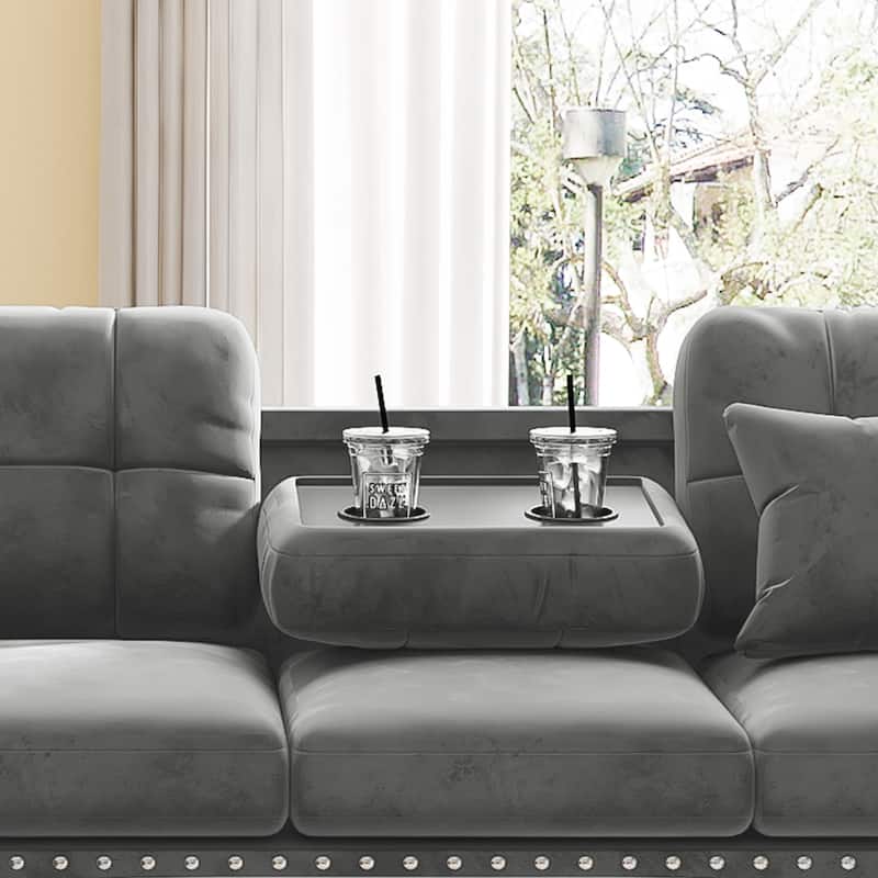 105 inch Reversible Sectional Sofa L shape Couch Space Saving with Storage Ottoman and Cup Holders Design