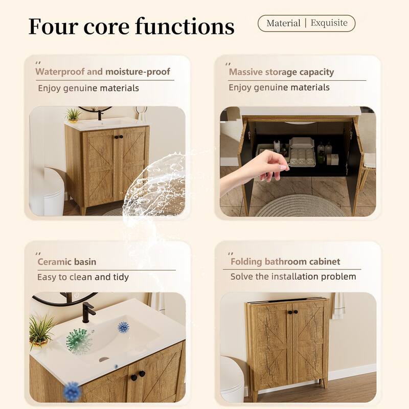 30 Inch Folding Bathroom Floor Cabinet with Ceramic Sink, 1-Minute Tool-Free Install, Space-Saving Freestanding Vanity
