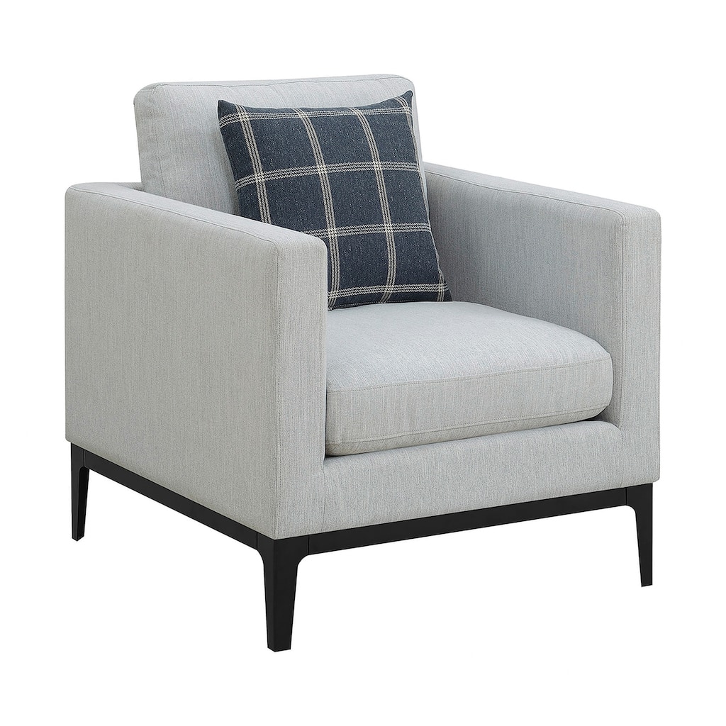Upholstered Accent Chair with Metal Base in Light Grey and Black.