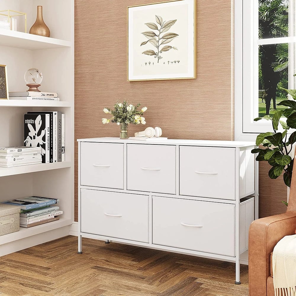 Dresser for Bedroom with 5 Fabric Drawers, Tall Chest Organizer Units for Clothing, Closet, Kidsroom, Storage Tower with Cabinet