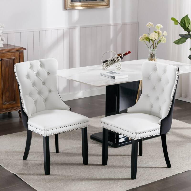 Modern, High-end Tufted Solid Wood PU and Velvet Upholstered Dining Chair with Wood Legs Nailhead Trim 2-Pcs Set