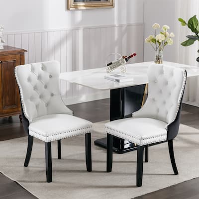 Tufted Solid Wood PU and Velvet Upholstered Dining Chair with Wood Legs 2-Pcs Set
