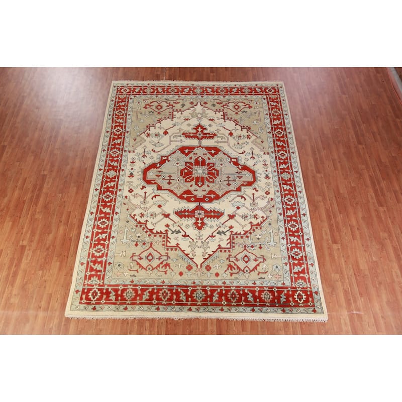 Hand Knotted Oriental 100% Wool Carpet Traditional Medallion Beige & Ivories Heriz (serapi) Area Rug - 11' 9'' X 8' 9''