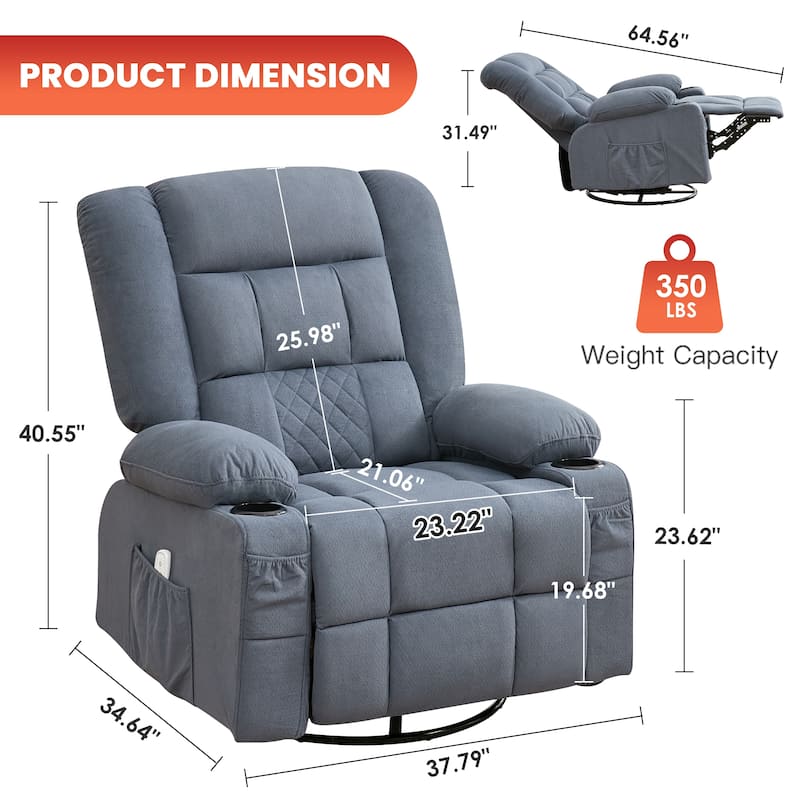 Oversized Swivel Recliner Chair with 4-Point 3D Kneading Massage and Heat, Single Sofa Chair with 2 Cup Holders & USB Port