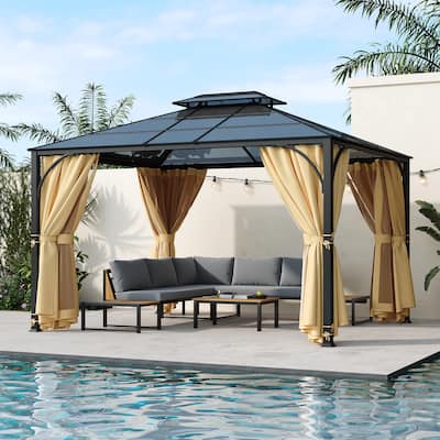 10'x12' Hardtop Double Roof Patio Gazebo with Double-Layer Side Walls, Mosquito Netting & Privacy Curtains