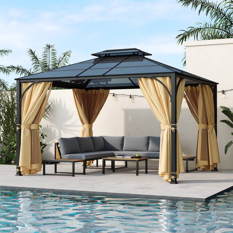 10'x12' Hardtop Outdoor Gazebo, Heavy Duty Double Roof Patio Gazebo with Aluminum Frame, Double-Layer Side Walls - Beige