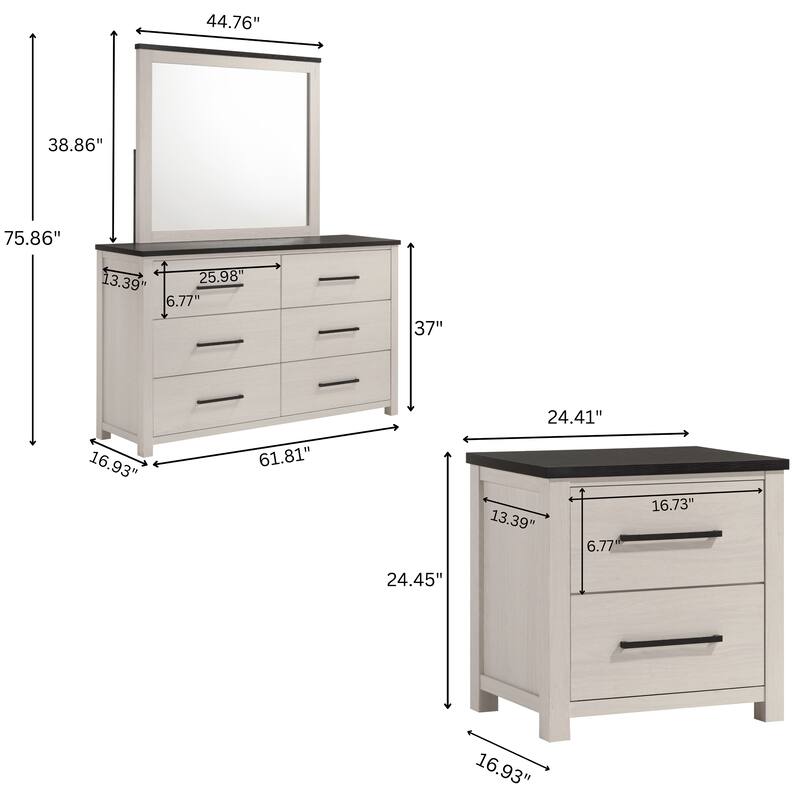 Roundhill Furniture Realynn 5-Piece Wood Bedroom Set, Panel Bed with Dresser, Mirror, and 2 Nightstands, Off-White Finish
