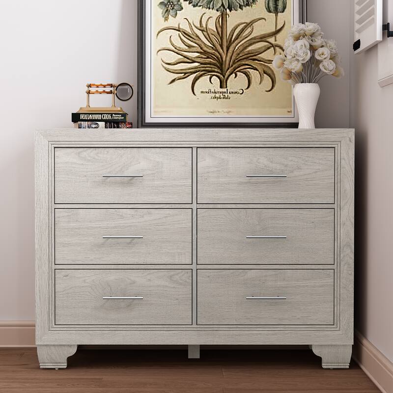 Wood Dresser for Bedroom, 6 Drawer Double Dresser with Metal Handles