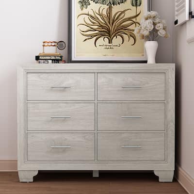 Wood Dresser for Bedroom, 6 Drawer Double Dresser with Metal Handles