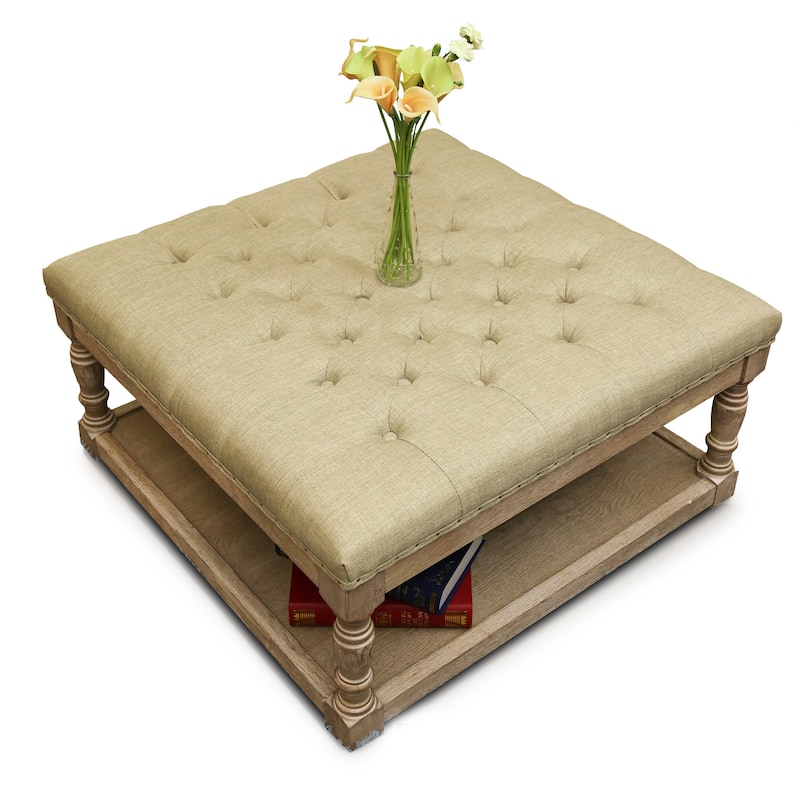 Cairona Tufted Textile 34-inch Shelved Ottoman Table - Chartreuse Top/Natural Wood