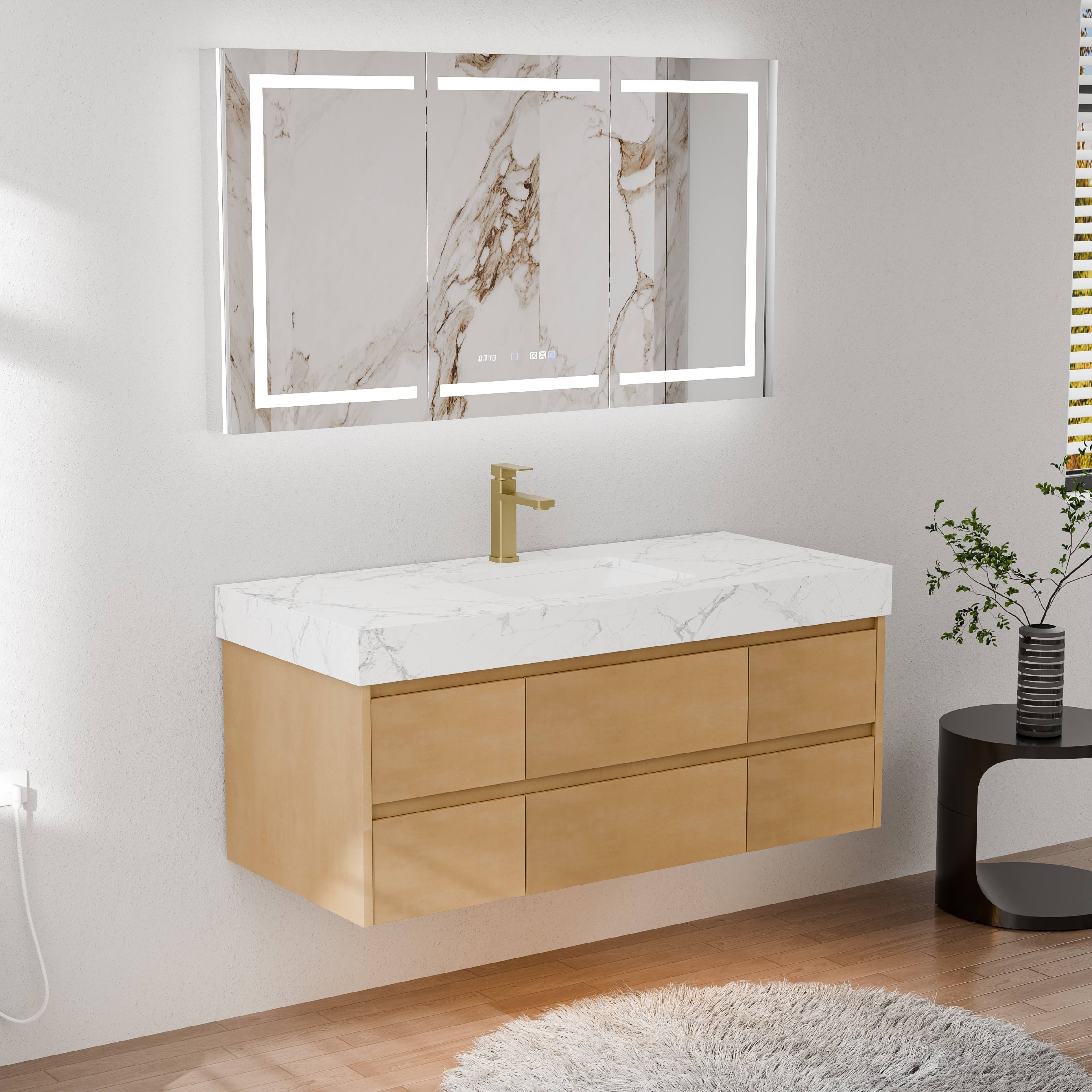 48" Floating Bathroom Vanity with Single/Double Sink, Modern Maple Wood Wall Mounted Vanity with Marble Countertop
