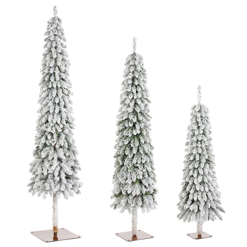 Glitzhome 4.5ft/6ft/7.5ft Pre-Lit Flocked Artificial Snowy Downswept Christmas Tree with Foot Pedal Control LED Lights