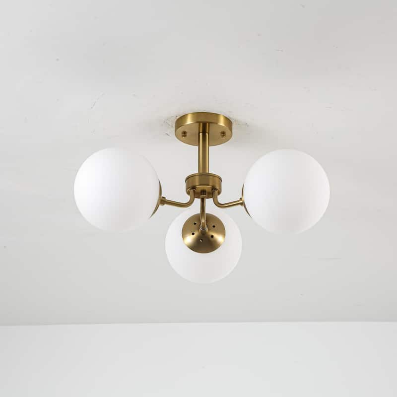 23.2" W 3-Light Bohemian Farmhouse Gold/White Sputnik Frosted Opal Bubble Glass Semi-Flush Mount Ceiling Light